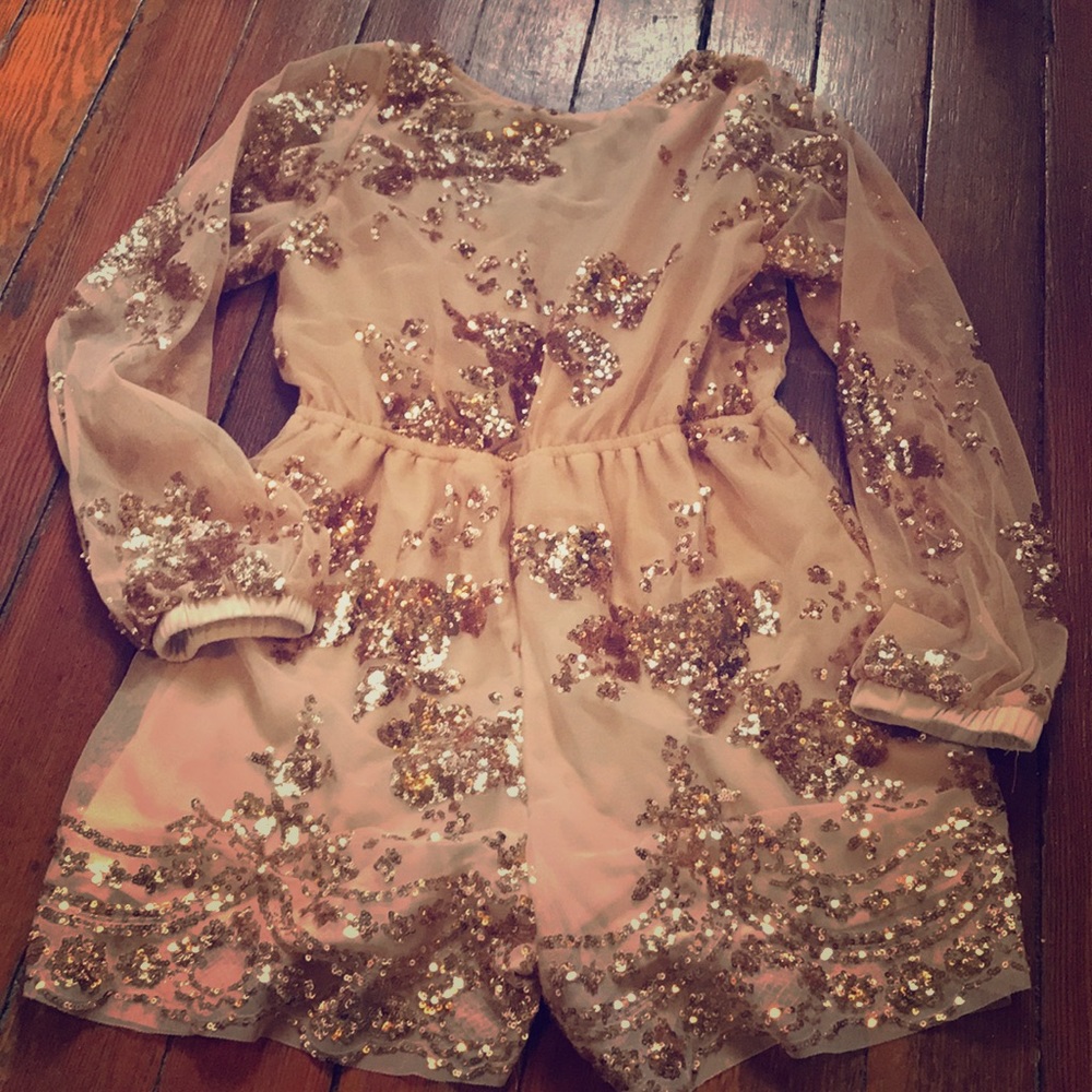 Sequin long sleeve sparkly romper in gold